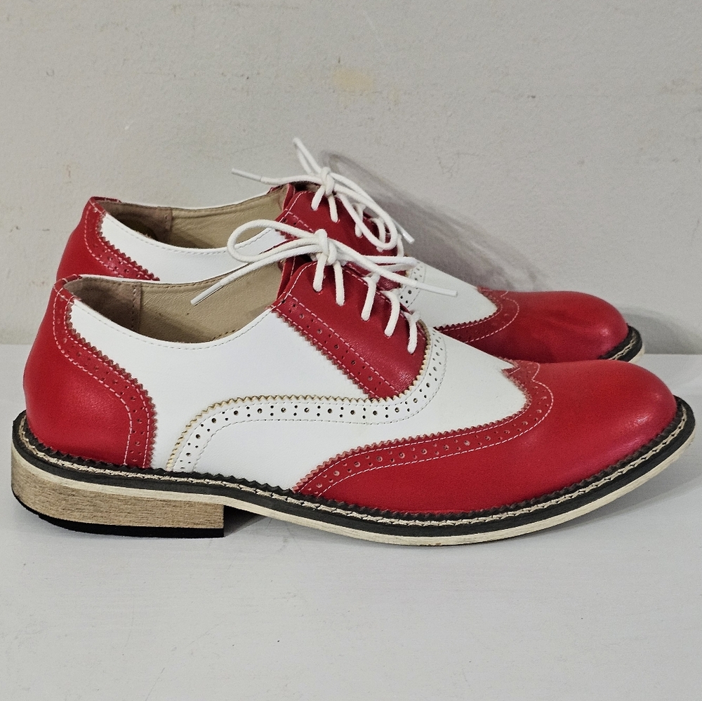 DADIJIER Men's Red/White Leather Borgues Wingtip Oxford Dress Shoes Size 9